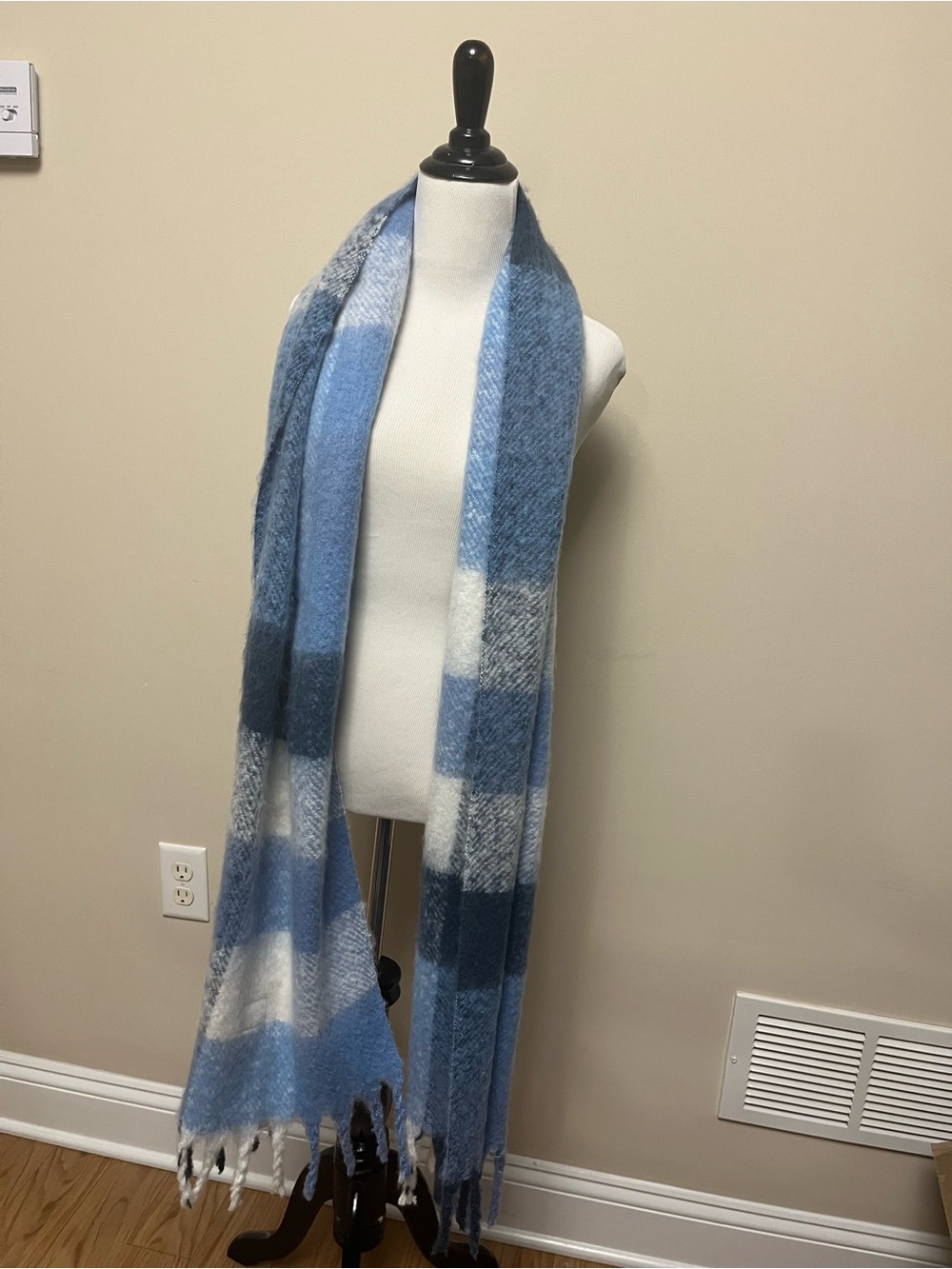LOFT Blue Plaid Fringe Wrap Scarf